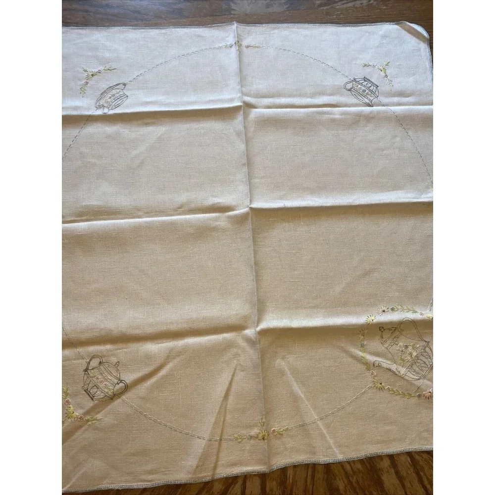 Vintage Table Cloth Linen Ivory Blue Flowers Pitcher Square 35
